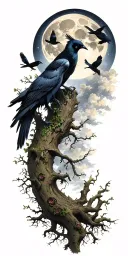 the morrigan Irish goddess with crows an old oak tree growing and bright moonlight tattoo design idea