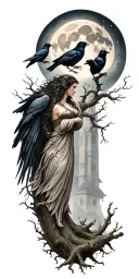 the morrigan Irish goddess with crows an old oak tree growing and bright moonlight tattoo design idea