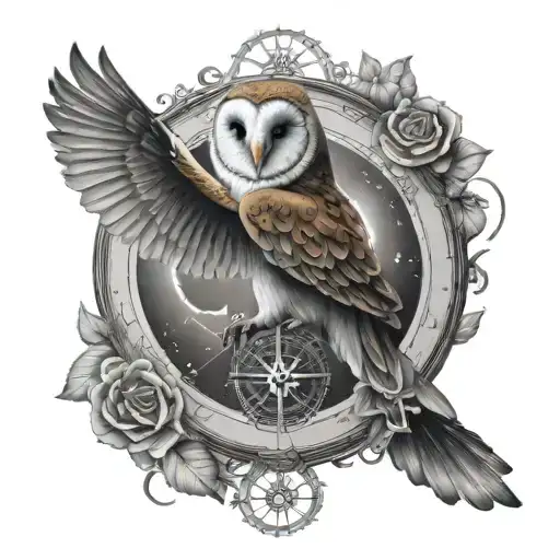 barn owl moon rose compass tattoo design idea