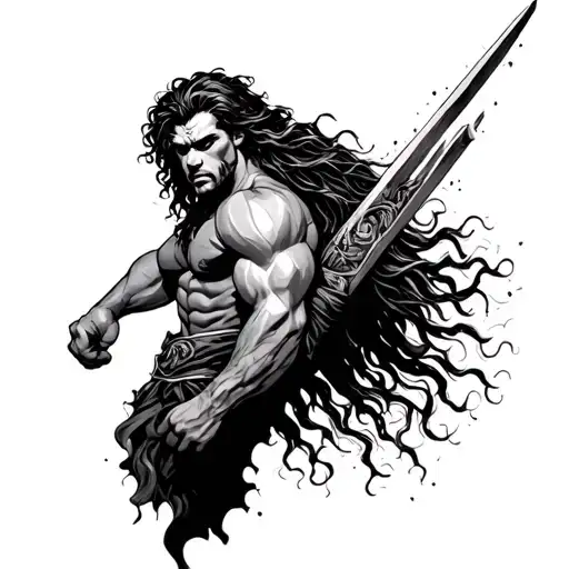 long hair Samson breaking free tattoo design idea