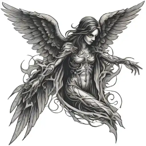 creepy dark infested Angel fine line tattoo tattoo design idea