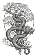The Ouroboros dragon wraps itself around a tree in the form of an infinity sign. tattoo design idea