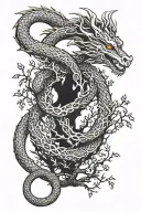 The Ouroboros dragon wraps itself around a tree in the form of an infinity sign. tattoo design idea