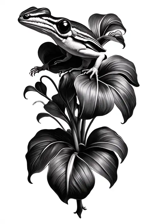 realistic flor de maga with coqui perched on it delicately clean solid line work  tattoo design idea