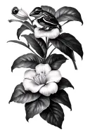 realistic flor de maga with coqui perched on it delicately clean solid line work  tattoo design idea