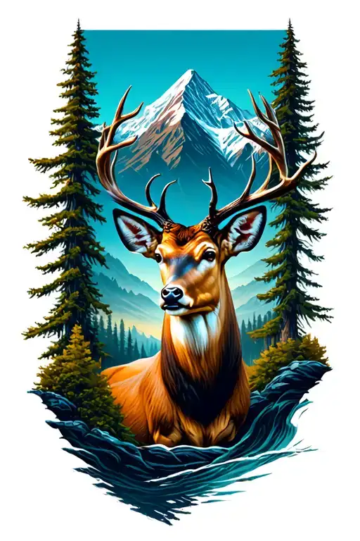 trees mountains deer fish tattoo design idea