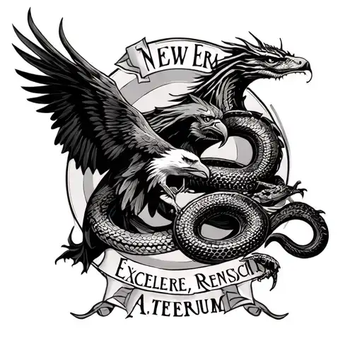 Snake, eagle and dragon are fighting against the background of the phrase New Era - Excellere, Renasci, Aeternum tattoo design idea