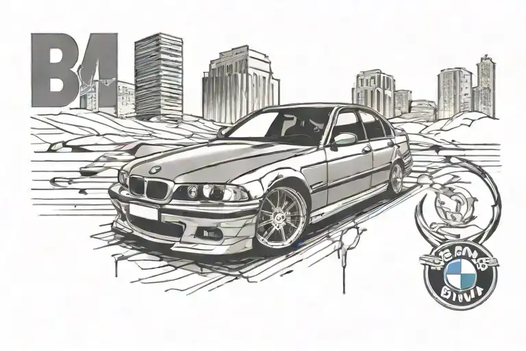 bmw e39 sitting in front of the bmw logo incorporated tattoo design idea