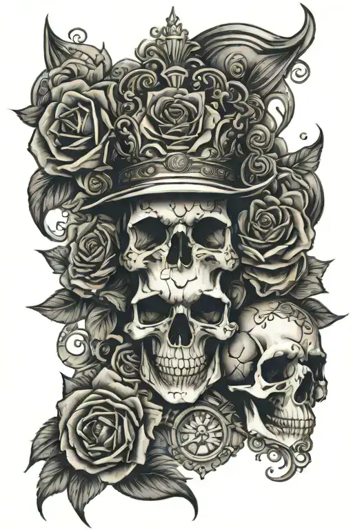 skull, roses, roman numerals representing important dates, kings crown, chicano girls and casino   tattoo design idea