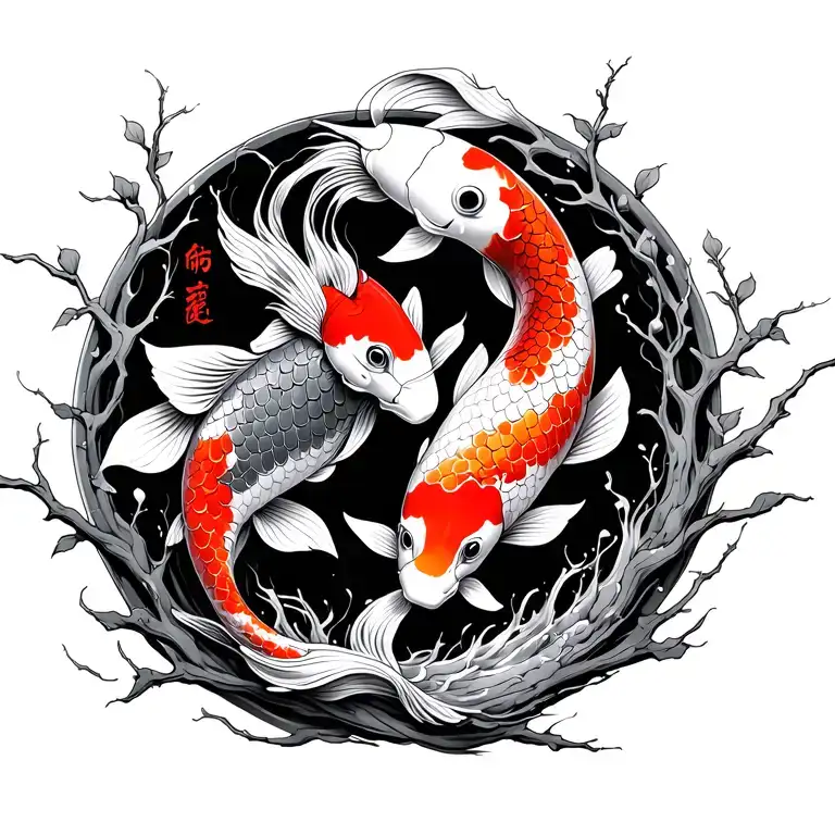 2 koi fish(1 going up, 1 going down) with kanji in between and branches decorating around it tattoo design idea