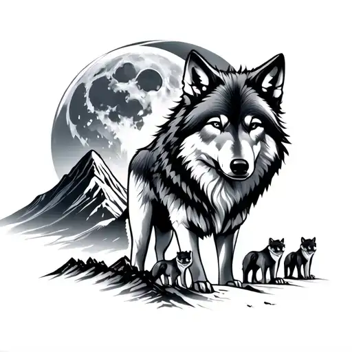 main alpha wolf with moon in the back ground and 3 small silicate wolf cubs in the background on  a mountain in the dist tattoo design idea