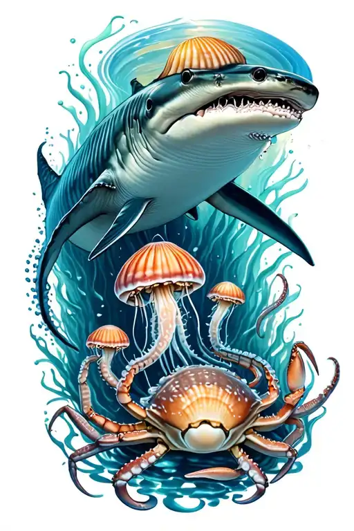 ocean, shells, under water, jelly fish, octopus, whale shark, crab swimming tattoo design idea