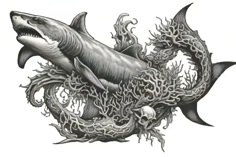 Suggest a picture with the theme of diving for the tattoo, the picture should include a shark, a diver, an 8-armed octopus, coral, and barracuda. tattoo design idea