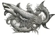 Suggest a picture with the theme of diving for the tattoo, the picture should include a shark, a diver, an 8-armed octopus, coral, and barracuda. tattoo design idea