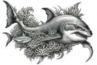 Suggest a picture with the theme of diving for the tattoo, the picture should include a shark, a diver, an 8-armed octopus, coral, and barracuda. tattoo design idea