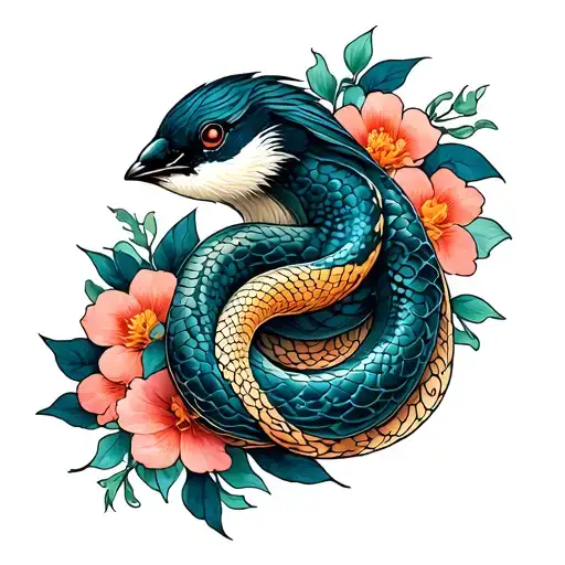 songbird snakes intertwined with flowers intertwined tattoo design idea
