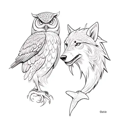 A highly detailed fine line tattoo combining an owl, monkey, dolphin, and wolf into one harmonious design. tattoo design idea