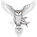 A highly detailed fine line tattoo combining an owl, monkey, dolphin, and wolf into one harmonious design. tattoo design idea