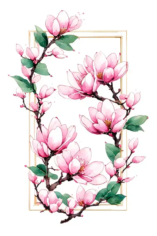 A Japanese-inspired illustration featuring a delicate branch with vertically arranged soft pink magnolia blossom framed tattoo design idea