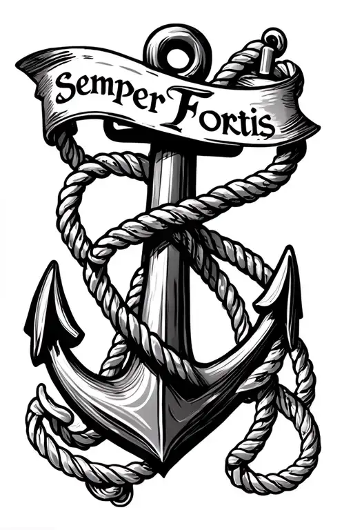 A sketch tattoo of an anchor entwined with a rope and a banner that says 'Semper Fortis', meaning 'Always Strong' in Latin, symbolizing strength and resilience in the navy tattoo design idea