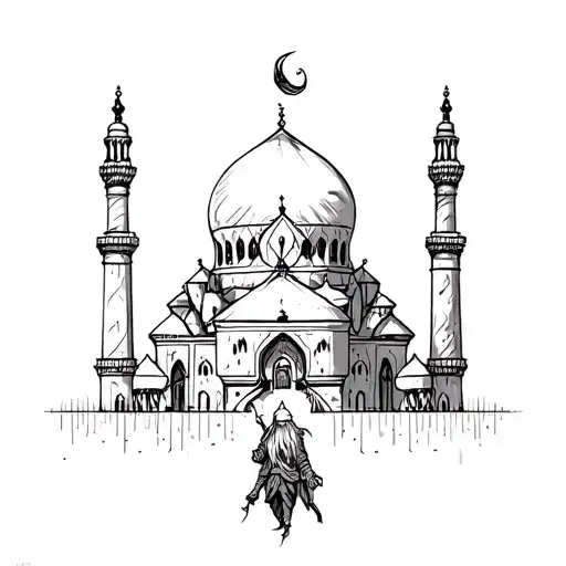 Dwarf flying Around a mosque tattoo design idea