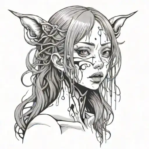 gore style black and white anime girl character junji ito style tattoo design idea