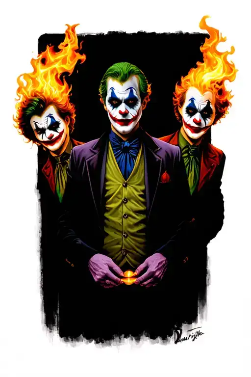 tattoo design of last 3 jokers. One of them is the main image and they are holding 2 flaming olayinf varda woth the othe tattoo design idea