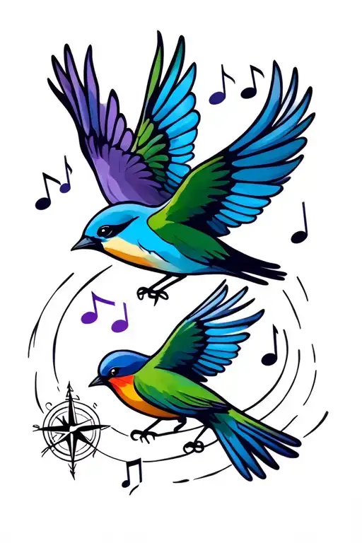 blue bird, green bird, purple bird flying home with music notes and compass tattoo design idea