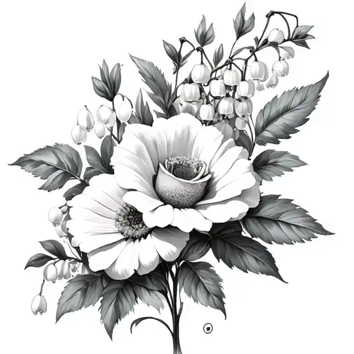 daisy lily of the valley rose and lark spur tattoo design idea