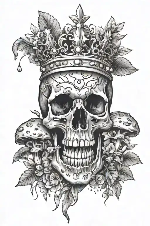 nature elements, skull, crystals, mushrooms, crown tattoo design idea
