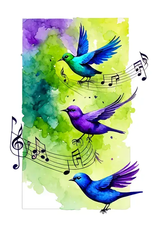 purple bird, green bird, blue bird flying music notes tattoo design idea