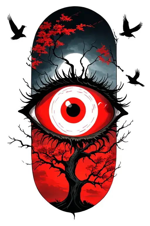 Tsukuyomi sharingan eye with tree and crows flying tattoo design idea