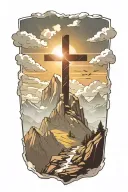 christian cross summit of a mountain landscape ray of sunshine tattoo design idea