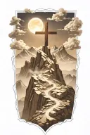 christian cross summit of a mountain landscape ray of sunshine tattoo design idea