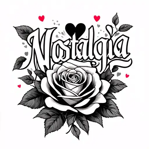 Cyber cigilist with rose details, lettering of the word "Nostalgia," with hearts and Japanese cultural touches tattoo design idea