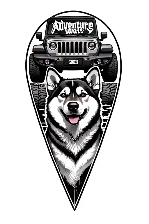 "Adventure Awaits" 4x4 Jeep Wrangler with Shiba Inu dog tattoo design idea