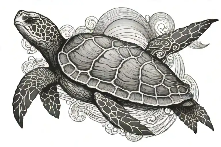 turtle, waves, horizon In the background whales tale  tattoo design idea