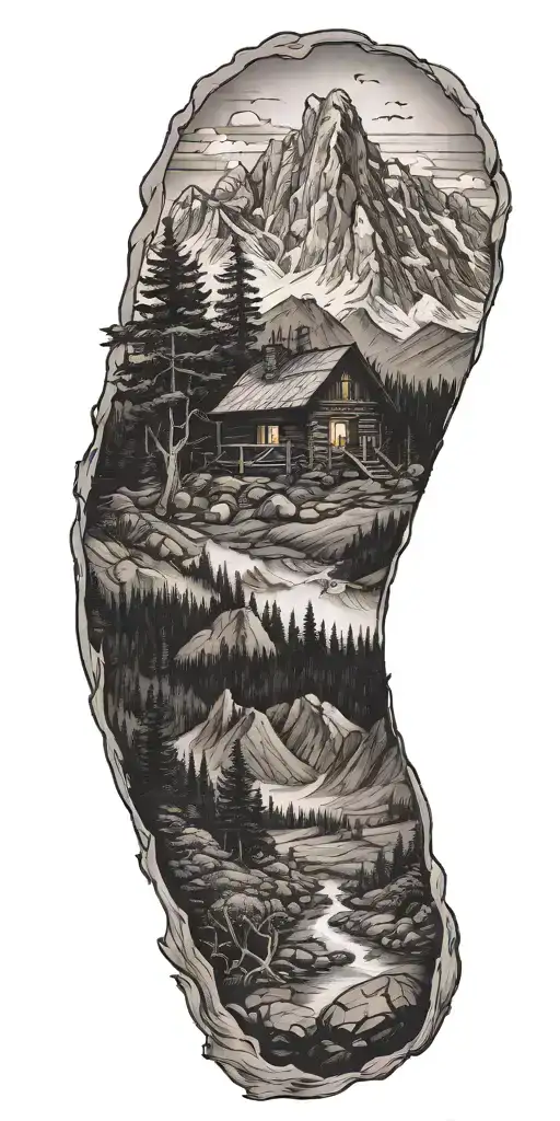 A detailed black and grey tattoo of majestic mountain landscape with a hidden log cabin in the scenery tattoo design idea