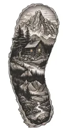 A detailed black and grey tattoo of majestic mountain landscape with a hidden log cabin in the scenery tattoo design idea