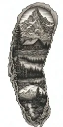 A detailed black and grey tattoo of majestic mountain landscape with a hidden log cabin in the scenery tattoo design idea
