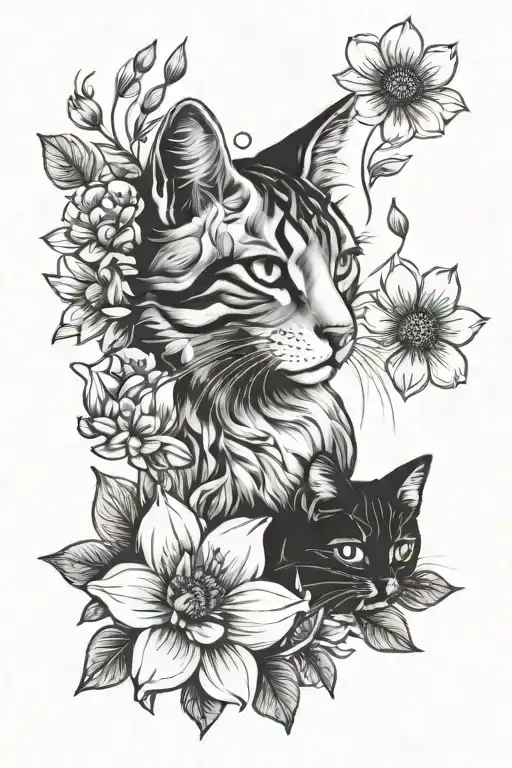 flowers and cat paw print tattoo design idea