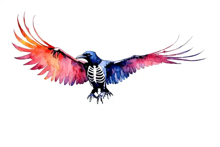raven flying half skeleton tattoo design idea