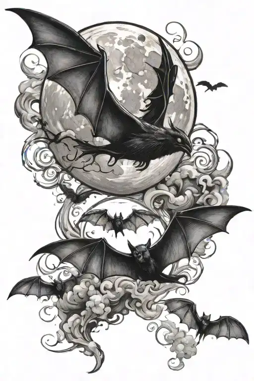 moon and sky with creepy bats and wispy smoke tattoo design idea