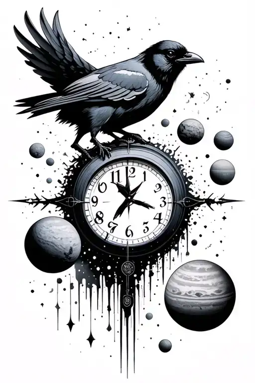 black start space, planets, time clock, crow tattoo design idea