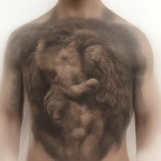 Create a tattoo sleeve that has Samson wrestling a lion on a persons chest tattoo design idea