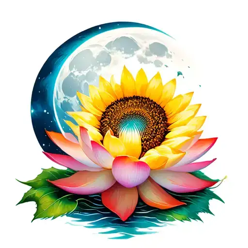 lotus flower with sunflower and moon tattoo design idea