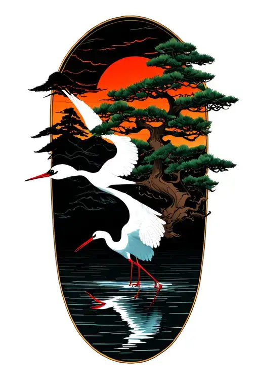  2 Flying japanese water crane with pine tree and sun tattoo design idea