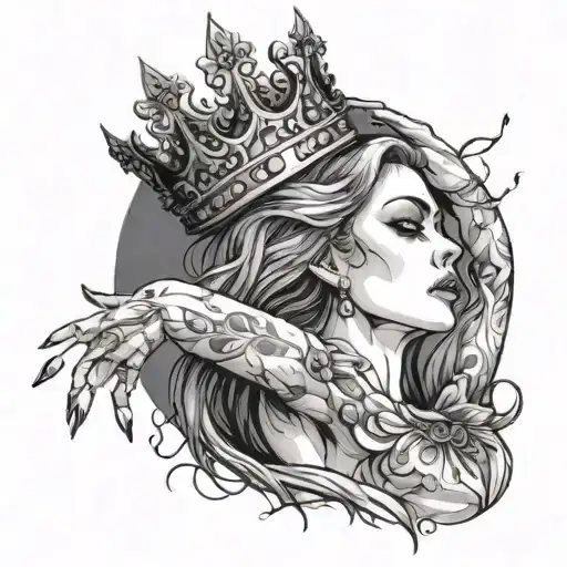 women on her knees, crying blood from her eyes, reach left arm up and out in the air, crown on her head tattoo design idea
