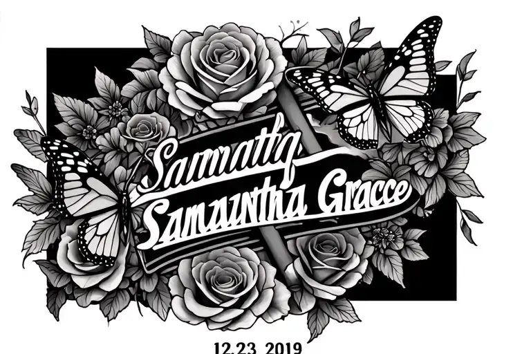 "Samantha Grace 12/23/2019" cross with butterflies and roses intertwined tattoo design idea