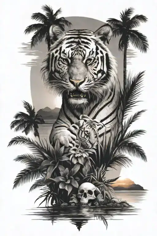black and white, tiger, skull, palm leaves sunset over lake tattoo design idea